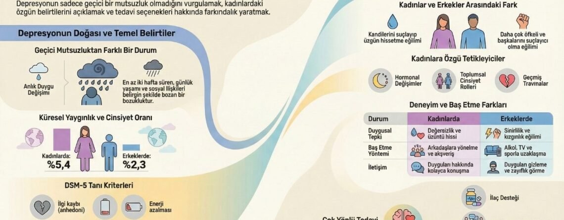 Depresyon nedir, belirtileri nelerdir, DSM-5 tanı kriterleri ve kadınlarda depresyon belirtileri ile erkekler arasındaki farkları gösteren infografik