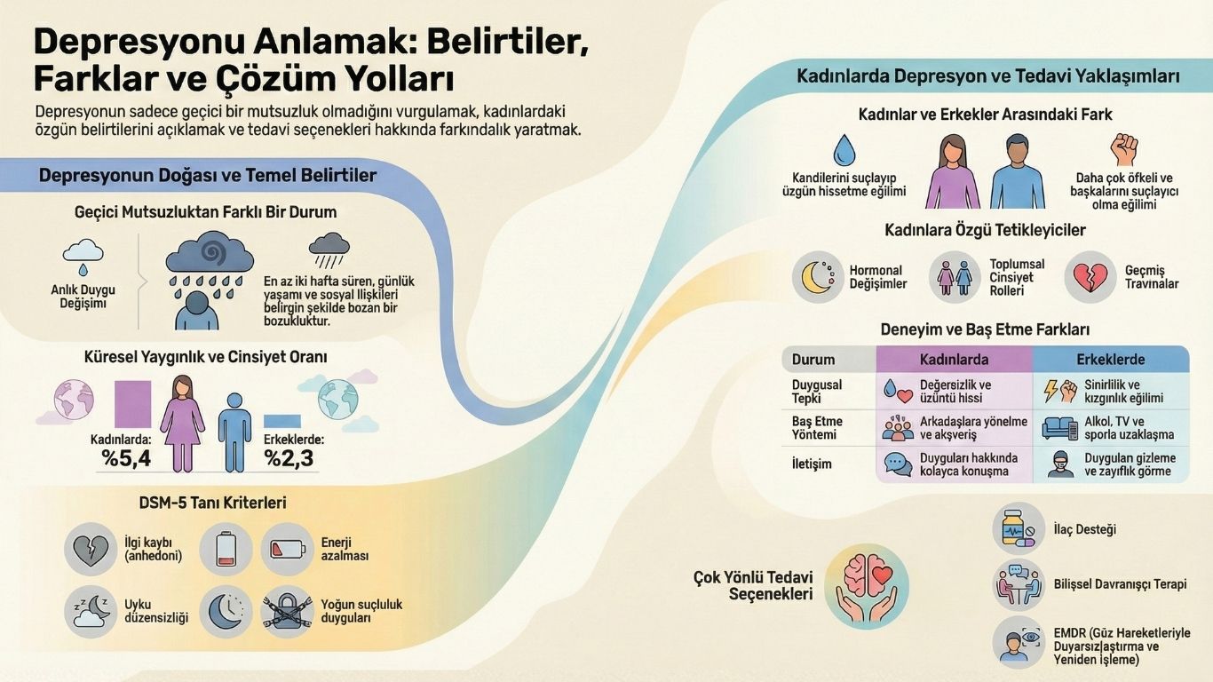 Depresyon nedir, belirtileri nelerdir, DSM-5 tanı kriterleri ve kadınlarda depresyon belirtileri ile erkekler arasındaki farkları gösteren infografik